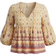 Raga Womens Large Cream Floral Block Print Tassel V-Neck Bell Sleeve Tunic Top