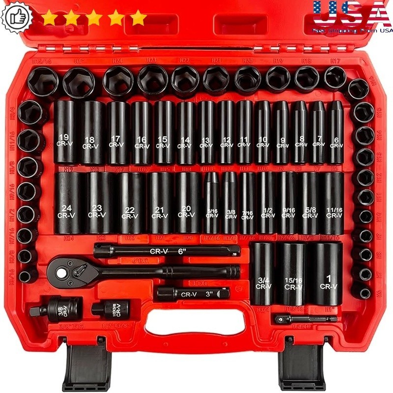 64PCS 3/8 Inch Socket Set Chrome Vanadium Steel Impact Tools Ratchet Organizer