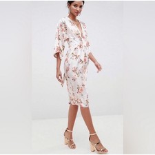 ASOS Floral Pink Cream Midi Dress Kimono Sleeve Belted Size 2 Cottage Coquette