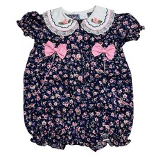Vintage 90s Floral Baby Bubble Romper - 6-9M Pink Roses  Lace Peter Pan Collar
