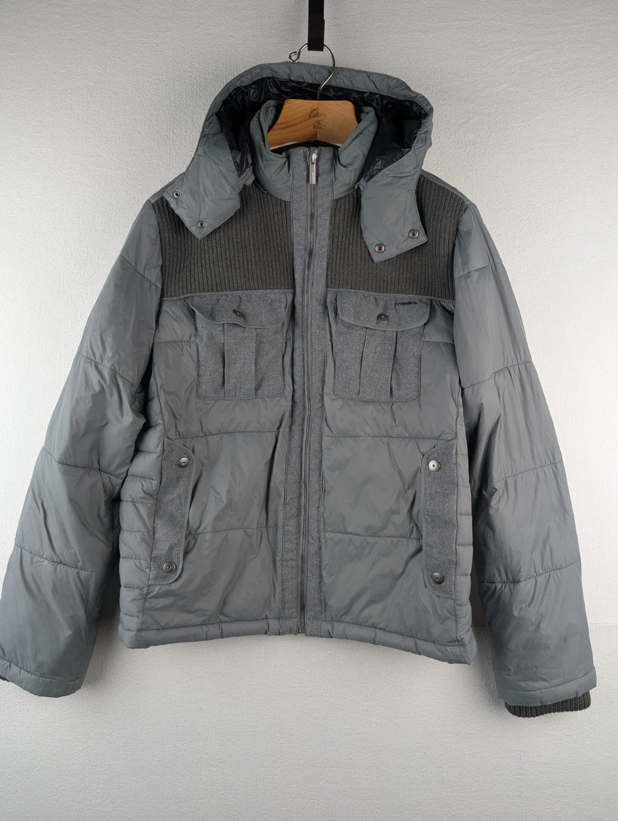 Calvin Klein Men's Mixed Media Puffer Jacket Coat Hooded Grey Size L Large