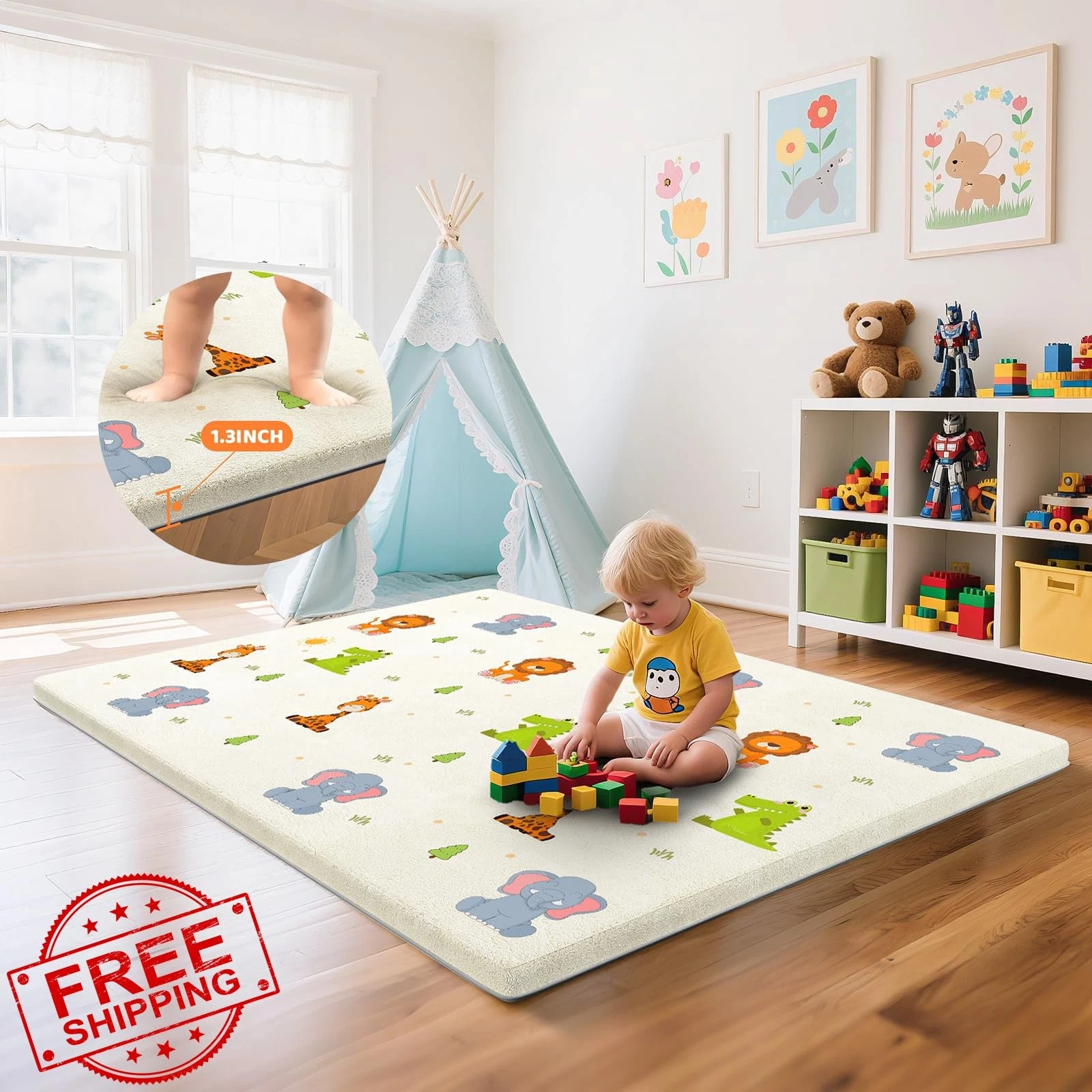 Beige Thick Baby Play Mat 74x50", Animal Print Toddler Crawling Rug