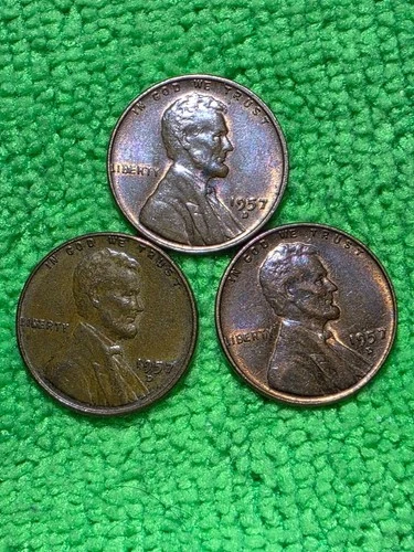 (3) 1957-D  MAJOR ERROR! "BIE" WHEAT PENNIES   NICE XF COINS!!!
