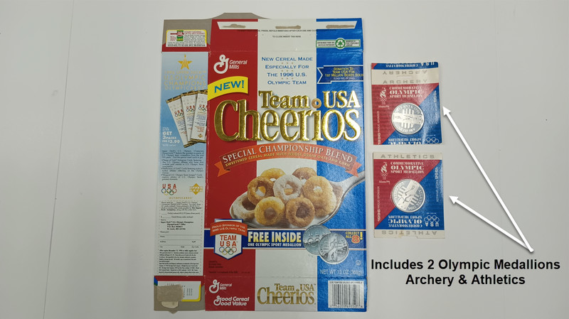 1996 General Mills Frosted Cheerios Cereal Box With Two Olympic Sport Medallions