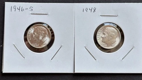 Lot of 2 BU 90% Silver Roosevelt Dimes 1946-S and 1948