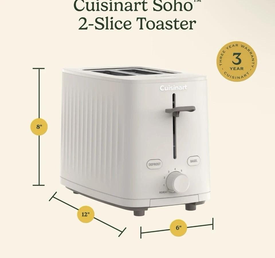 Cusinart SoHo 2 Slice Toaster Extra Wide Slots Cream 7 Setting DefrostReheat New - Image 2 of 4