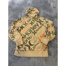 Hurley Boys All Over Logo Hoodie Medium Tan Fleece Lined Skate Surf Sweatshirt