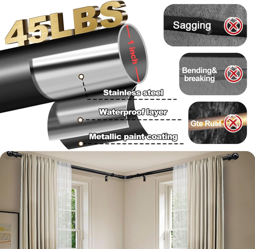 L Shape Heavy Duty Curved Curtain Rods adjust to fit size for 2 corner Windows B - 第 10/13 張圖片