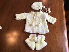 Vintage Yellow Crochet Baby Infant Sweater and booties and hat Outfit