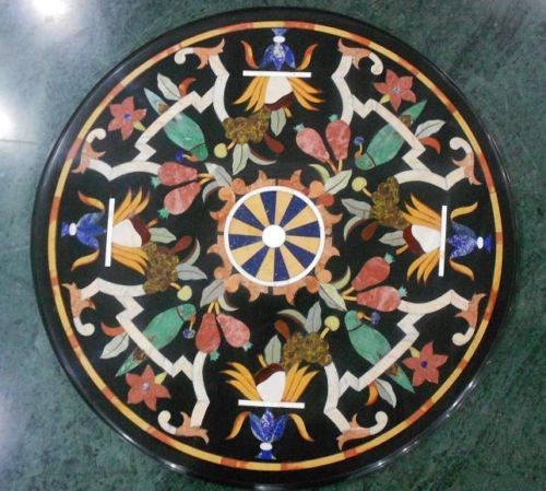 24-Inch Handmade Black Marble Table Top with Multi-Color Stone Accents for Home Decor