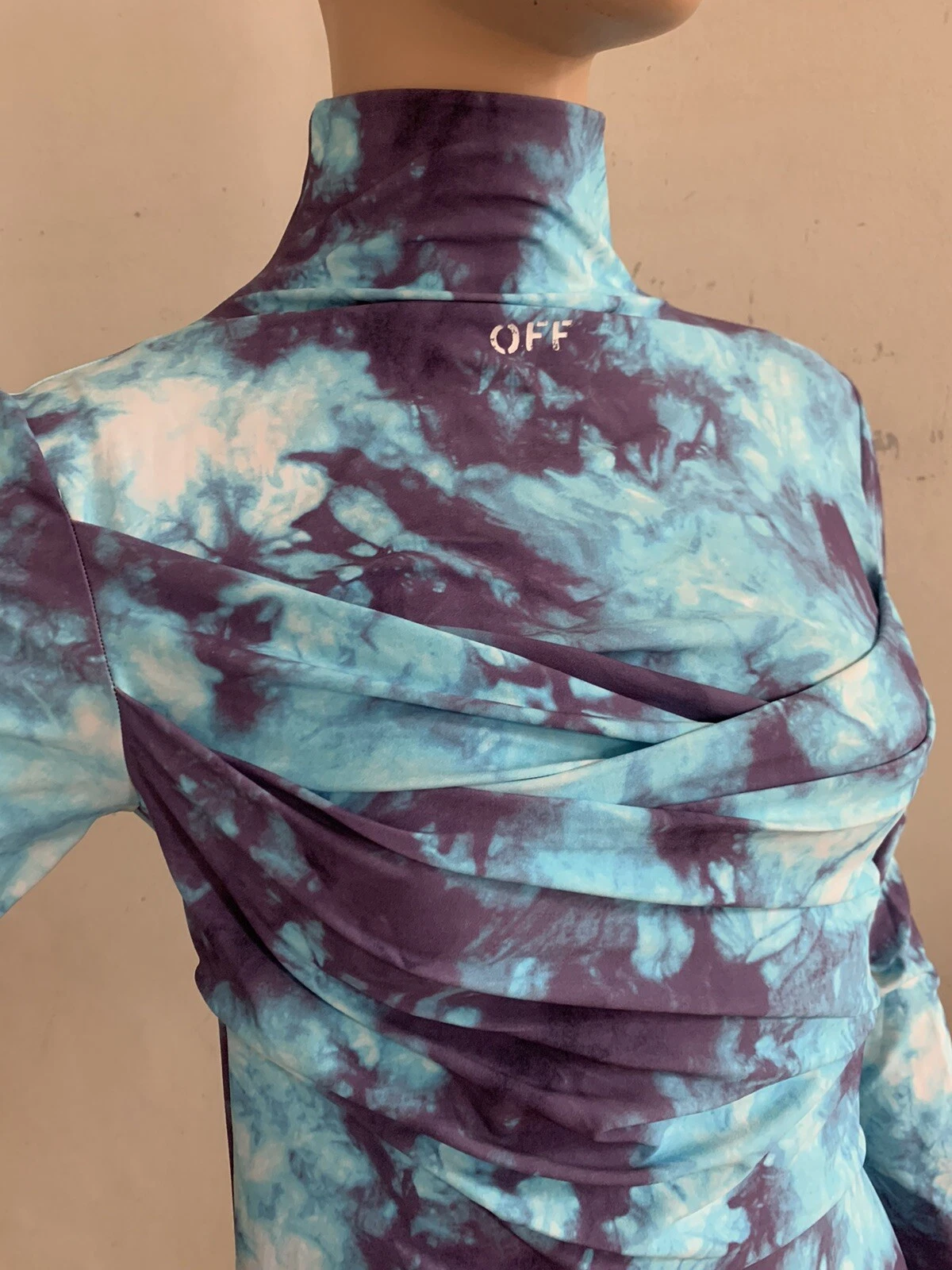 OFF WHITE Mini abito da festa blu cravatta tintura bianco sporco UK 14 IT 46 US 10 XL NUOVO CON ETICHETTE £810