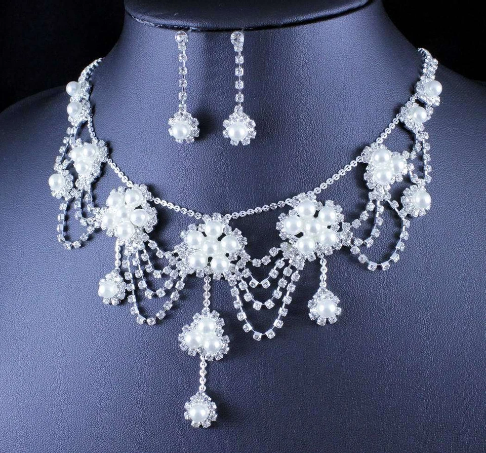 JUEGO DE PENDIENTES COLLAR DIAMANTES DE IMITACIÓN AUSTRIACOS PERLAS ROMÁNTICAS BODA NOVIA GRADUACIÓN N11896 Foto 3 de 3
