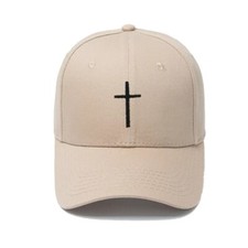 Cross Embroidered Christian Beige Baseball Cap, Adjustable Hat, Mens, Womans