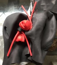 Latex Mask with 15cm Red Teeth Gag Nose Tube 1.0mm Thick Hood fit 59-62cm