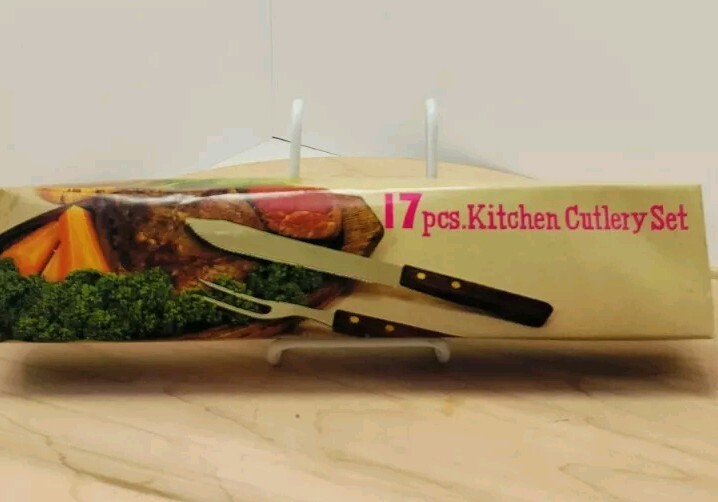 VTG 1970 17 PCS. KITCHEN CUTLERY SET STAINLESS STEEL JAPAN GENUINE WOODEN HANDLE