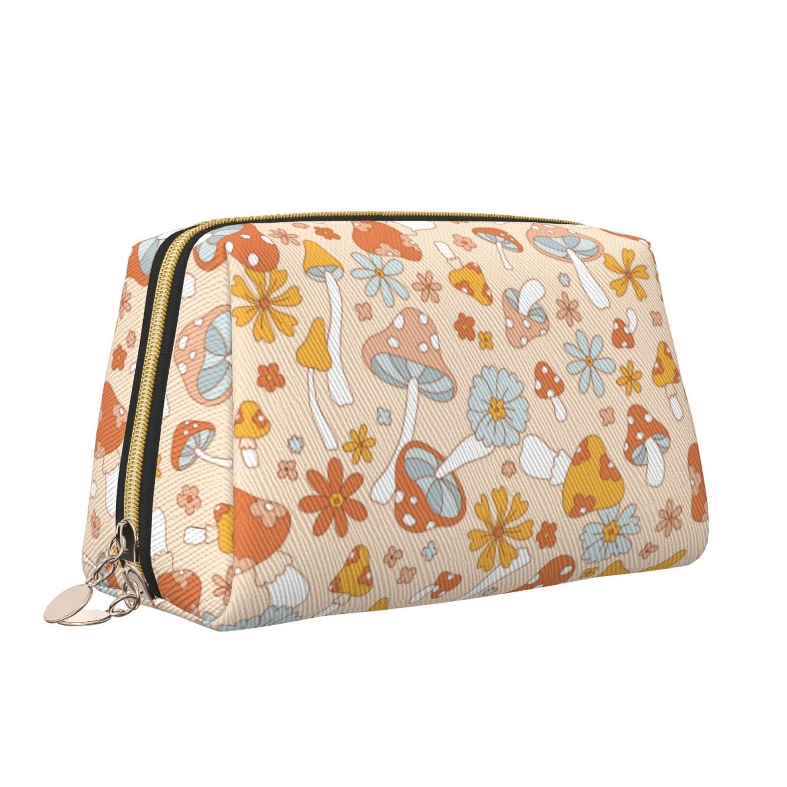 Boho Retro 70s Hippie Mushroom Travel Makeup Bag Cosmetic Pouch