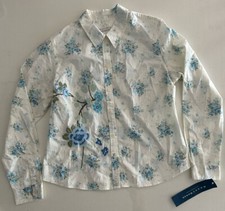 CrazyHorse Womens Large Blue Cream Floral Embroidered LS ButtonUp Top Cottage