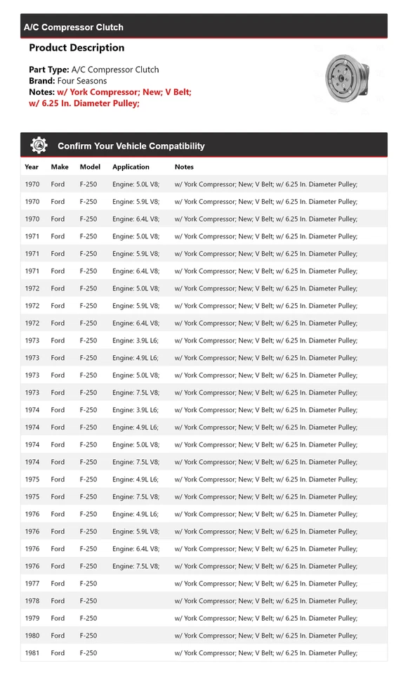 Embrague compresor aire acondicionado Ford F-250 1970-1981 4 estaciones 1971 1972 1973 1974 Foto 2 de 4