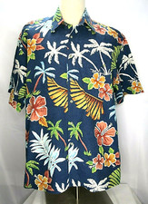 Mens Hawaiian Shirt Sz L Blue - Multi Palm Tree Floral SS Button Front EUC