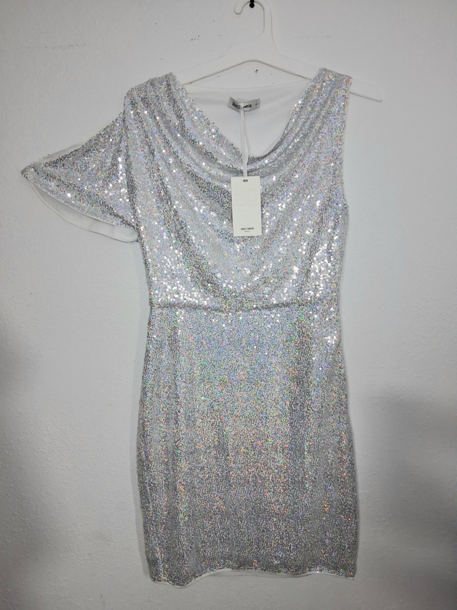 famous behavior silver sequin cowl neck mini dress Lovskoo Women's Sequin Halter Bodycon Mini Dress Backless Cowl Neck Short Dress Open Back Cocktail Party Gown Silver, Size: Medium