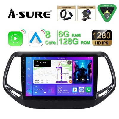 DAB+KAM 6+128G Android15 Autoradio GPS Navi BT CarPlay Für Jeep Compass 2017-20