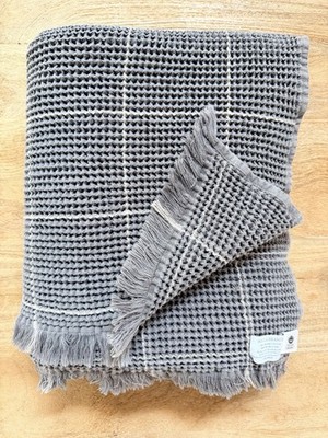 Boll & Branch Organic Cotton Waffle Throw 60x46 Blanket Gray Plaid Fringe Soft