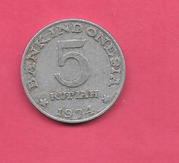 INDONESIA KM37 1974 VF-VERY FINE CIRCULATED 5 RUPIAH OLD VINTAGE ALUMINUM COIN