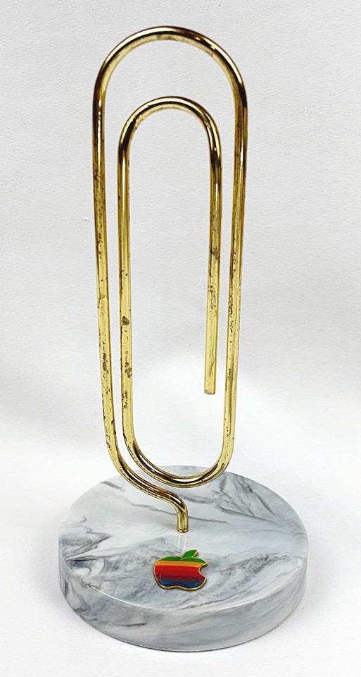 A GIANT Apple rainbow-logo paperclip memo holder from the 80s — rare, iconic, and the kind of desk accessory that stops visitors mid-sentence.