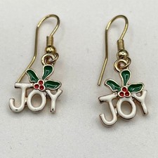 Vintage Gold Tone Christmas Joy Holly Enamel Dangle Earrings Holiday Festive Y2K