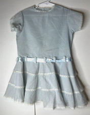 Vintage Cinderella Girls Size 6 Blue White Dots Dress Lined Lace Trim Satin Tie