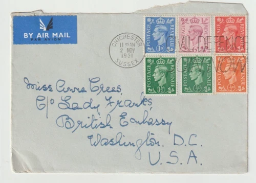 2/11/1951 UK GB Cover with Definitive Stamps and Chichester Slogan Postmark