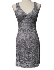Vintage Y2K Sue Wong Silver Embellished Beaded Lace Formal Cocktail Dress Size 2