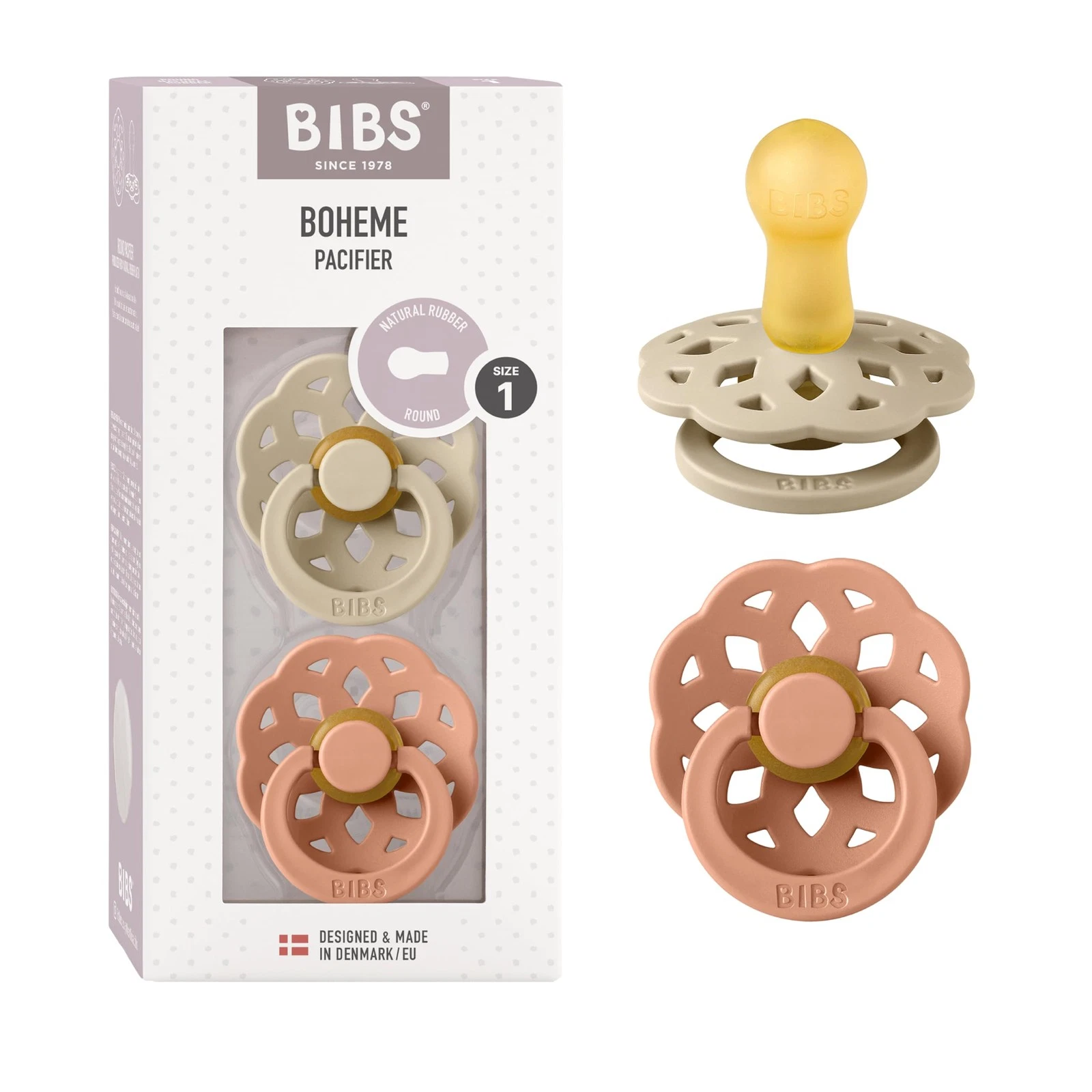 BIBS Natural Rubber Baby Pacifier Size 1 Vanilla Peach Set of 2 0 to 6 Months