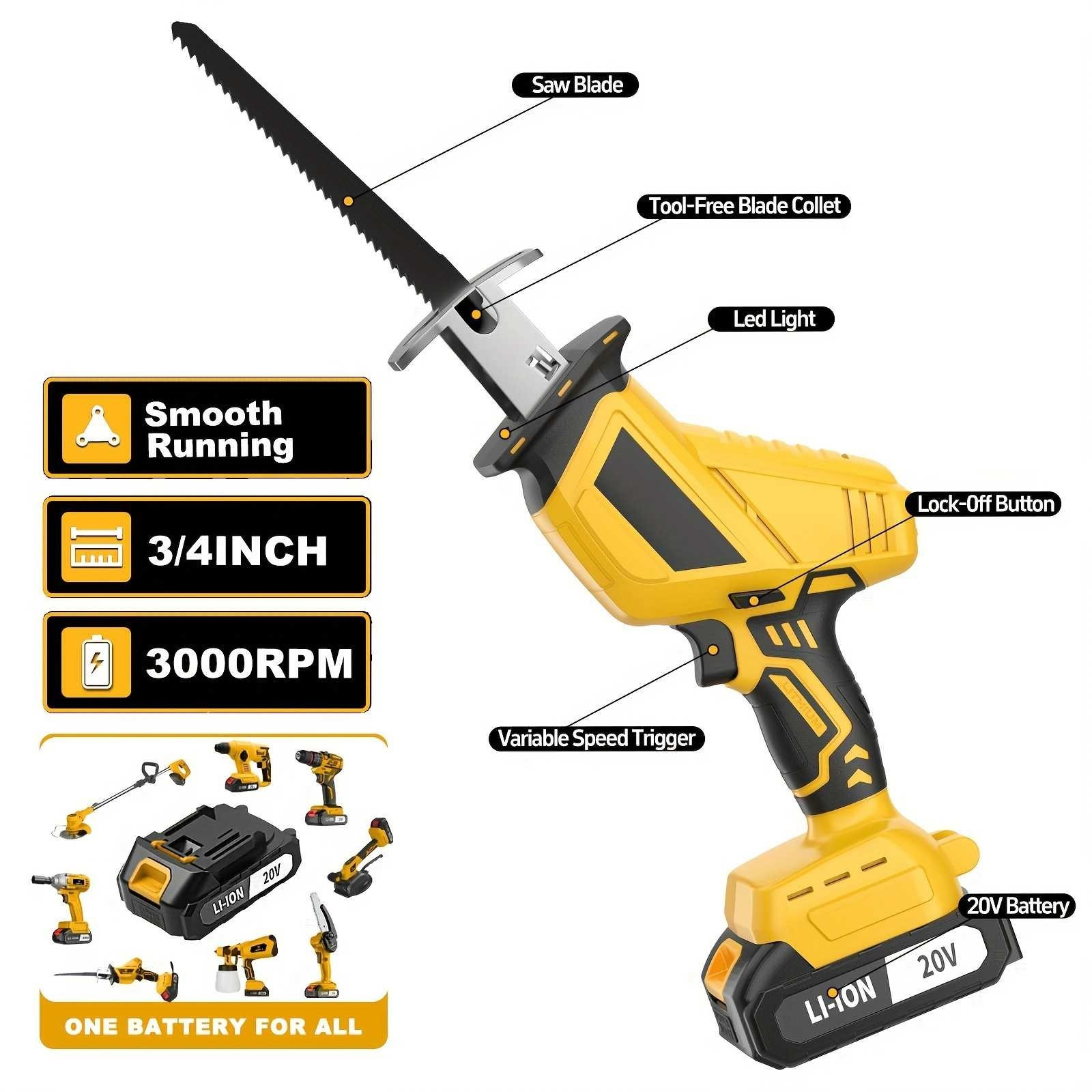 Cordless Reciprocating Saw 20V Brushless Electric Tool 4X Blades 1X Battery