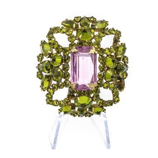 Mid Century Schreiner NY Faux Amethyst Peridot Glass Stone Dome Brooch #M1333 2