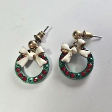 Dangling Green Christmas Wreath Earrings With White Enamel Bow And Red...