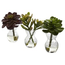 ARTIFICIAL FAKE SUCCULENT FLOWER ARRANGEMENTS w/ VASES - SET of 3