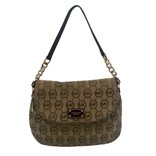 Michael Kors Medium Tan Canvas Bedford Convertible Flap Shoulder Bag