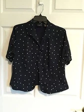 Laura Scott Woman's Size 10 Navy Blue White Polka Dot Shirt Button Down -