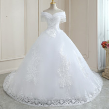 Luxury Crystal Beaded Wedding Dresses Off Shoulder Short Sleeves Bridal Gowns