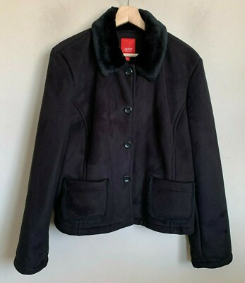 Espirit Womens Jacket Black Faux Suede Pile Lined Button Pockets Lined Size XL