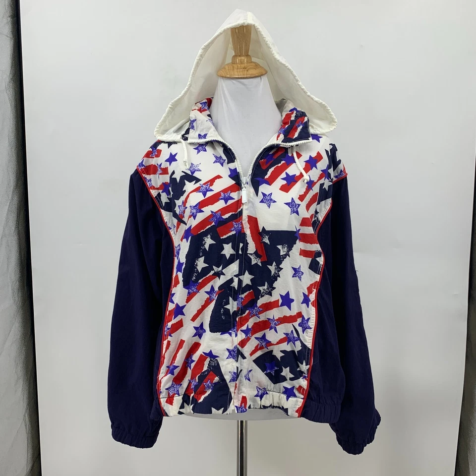 Chaqueta deportiva Liz para mujer PM Petite Stripes estrellas cremallera guardar capucha cortavientos Foto 2 de 4