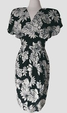 Vintage Retro 80's Phoebe Small Black White Floral Rayon Dress Crossover Bust 