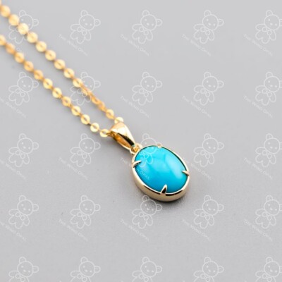 Minimal Style Oval Türkis Anhänger Halskette 18 Karat Gelbgold