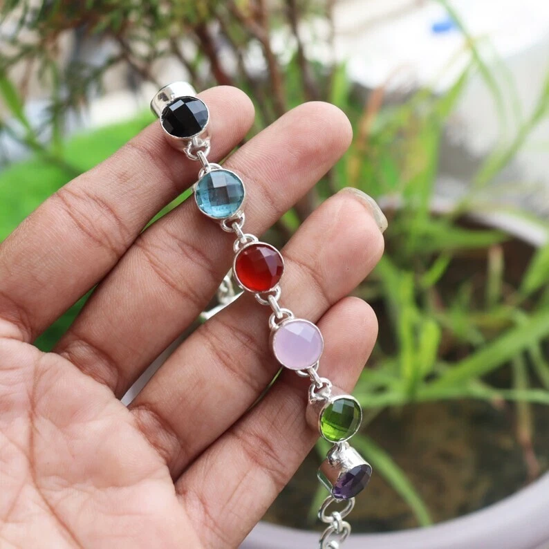 925 Sterling Silver Multi Gemstone Bracelet Women's Jewelry 9 Stone Bracelet - Image 2 of 4