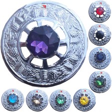 Scottish Fly Plaid Brooch Purple Stone Kilt Pin Chrome Plaid 3" Highland AAR New