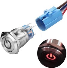 19mm 3/4" Latching Pushbutton Switch LED 12V DC 5A Power Symbol -Silver-red
