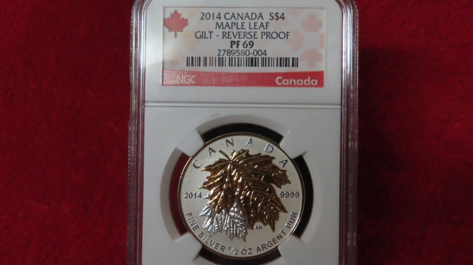 Hoja de arce plateada 2014 a prueba inversa $4 con incrustaciones de oro dorado Canadá PF69 NGC Foto 2 de 4