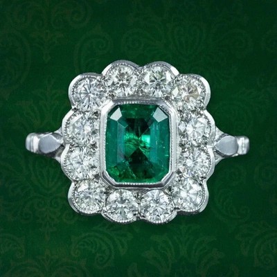 2Ct Natural Green Emerald & Diamond Unique Retro Vibe Gift Ring 14K White Gold