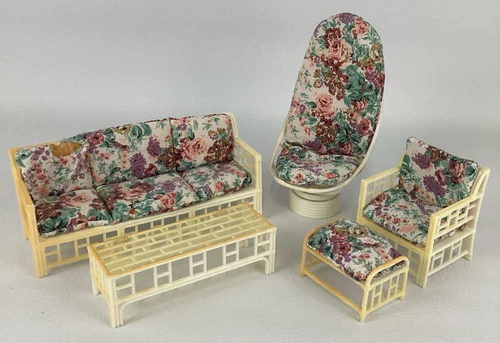 Barbie Dollhouse Rattan Outdoor Patio Furniture Set Egg Chair Vintage Mattel 80s